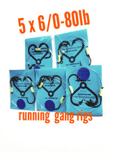Load image into Gallery viewer, 5x running gang rigs 6/0-80lb green lumo